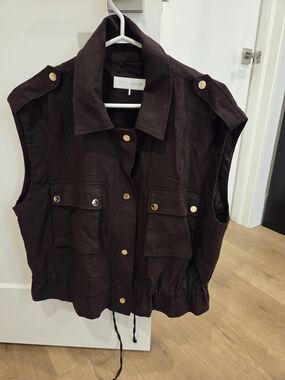 Zara Dark Brown Sleeveless Utility Vest with Gold Buttons.Linen Blend